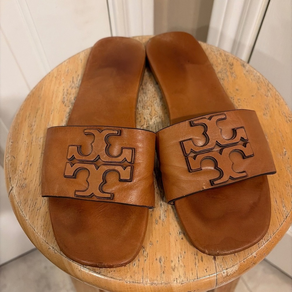 Tory Burch Womens Ines Slide Sandal Tan Brown 8M Leather Logo Flat